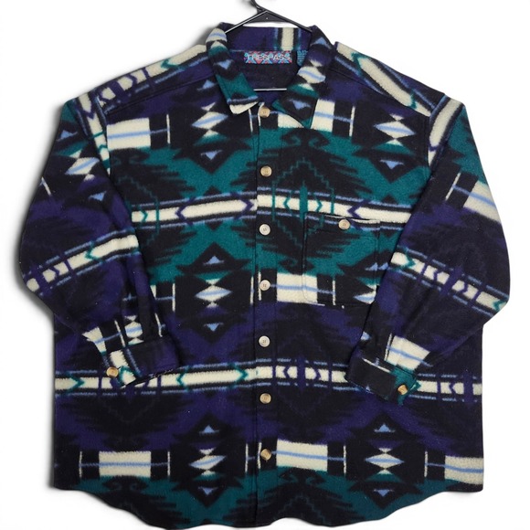 Trespass Other - Vintage 90s Aztec Southwestern Fleece Shacket 4X Oversized Teal Button Down Navy
